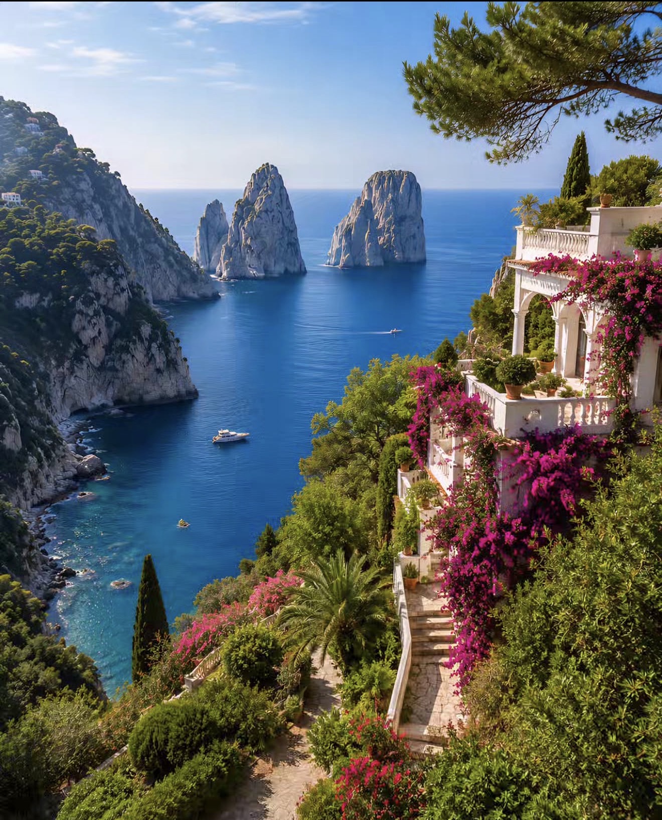 The Faraglioni sea stacks off the coast of Capri, framed by a bougainvillea-draped white terrace and pine trees
